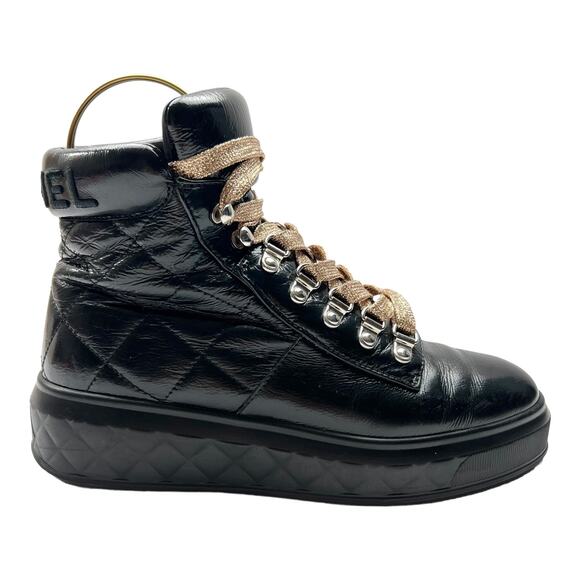 CHANEL Quilted CC Patent Leather High Top Sneaker EU 37 US 7 Black Lace Up Boots - Picture 1 of 15